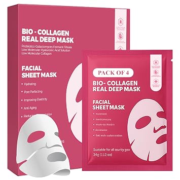 Bio Collagen Face Mask - Real Masks Deep Hydration, Reduce Wrinkles, Night Treatment Pore Minimizing Moisturizing Korean Skincare,34g x4ea