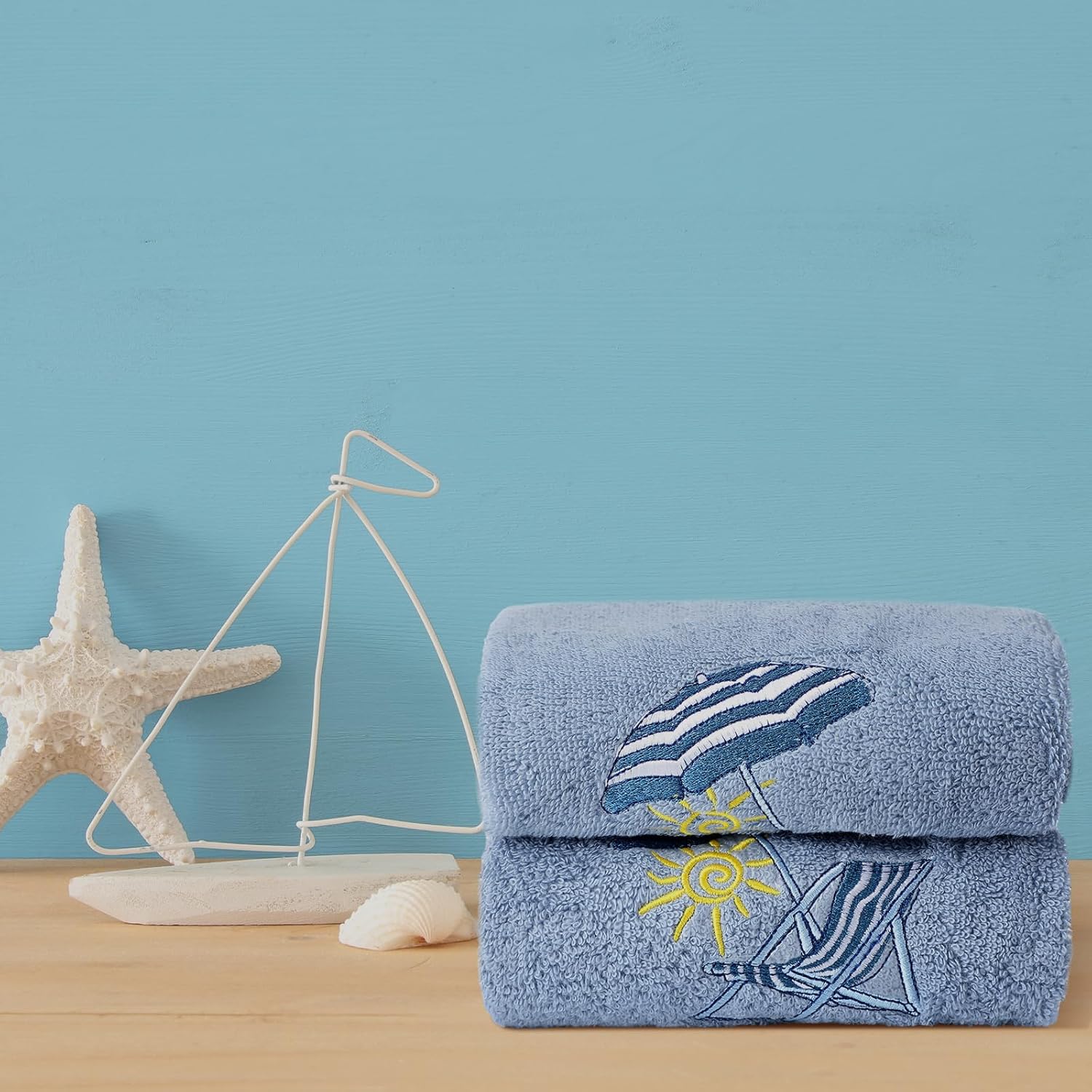 2 Pcs Beach Chair Hand Towels Slate Blue Bathroom Decor 14x29 Inch Embroidered 100% Cotton Soft Absorbent Spring Summer Decorative Hand Towels for Bathroom Kitchen - Image 5