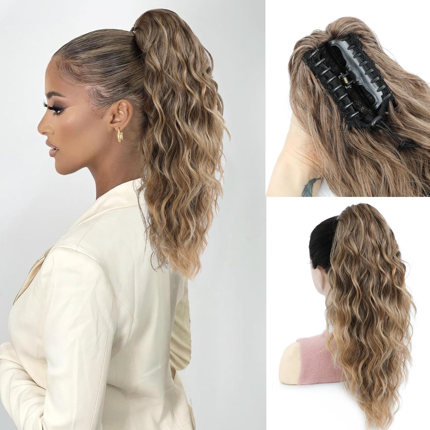 FINE PLUS Ponytail Extension Claw Clip - Curly Wave Synthetic Ponytail Hairpiece - 18inch - Rich Brown, Highlights Rich Brown, 18 Inch