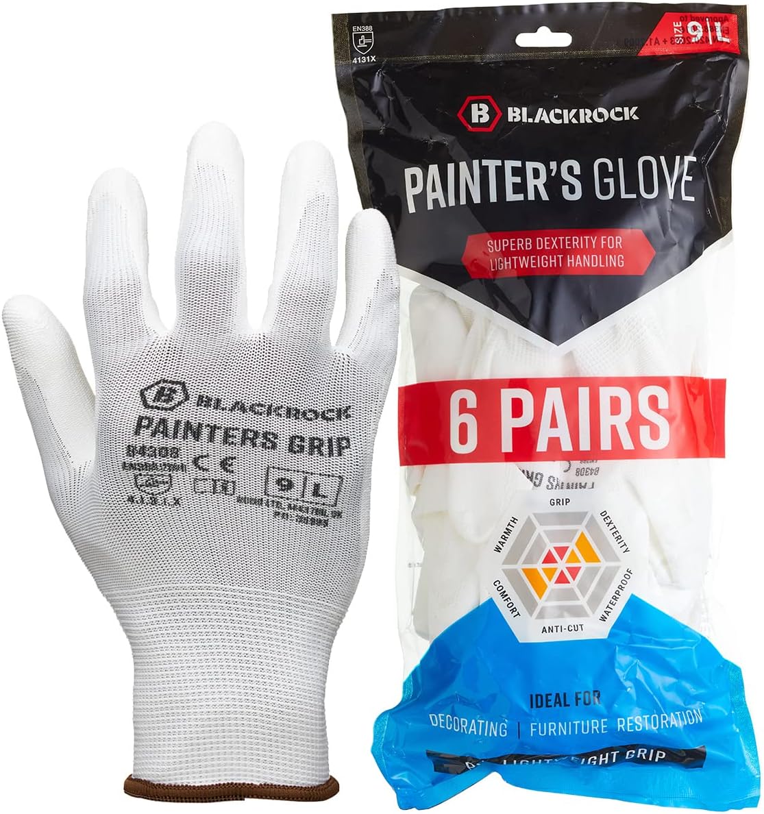 Blackrock Pack Of 6 Pairs Lightweight Painter's PU Grip Safety Work Gloves, Mens Womens Sensitive Precision Working, Ideal For Painting & Decorating, Electronics, Assembly, Handling - Size Large