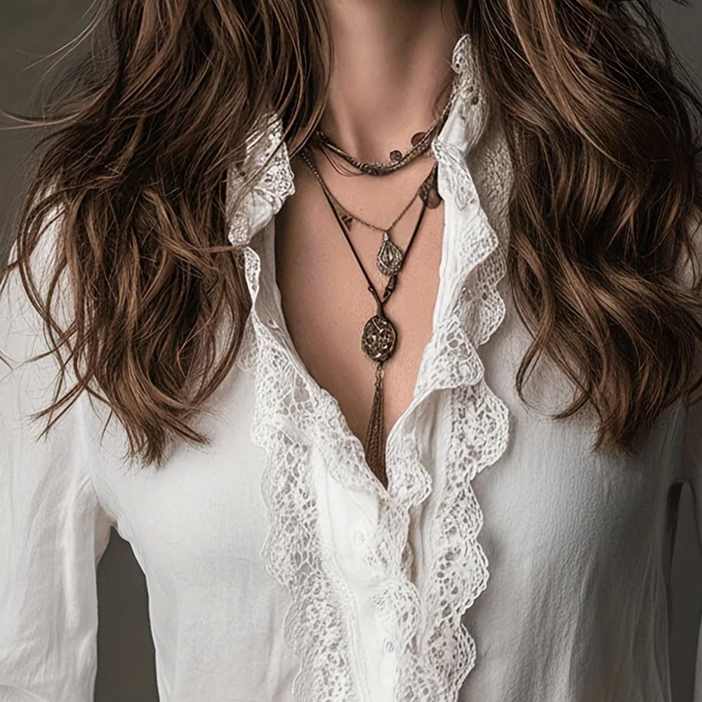 Vintage Blouse for Women Bohemian Zip Front Lace Trim Bell Sleeves Collared Novelty Shirt Loose White Vintage Ruffle Blouse