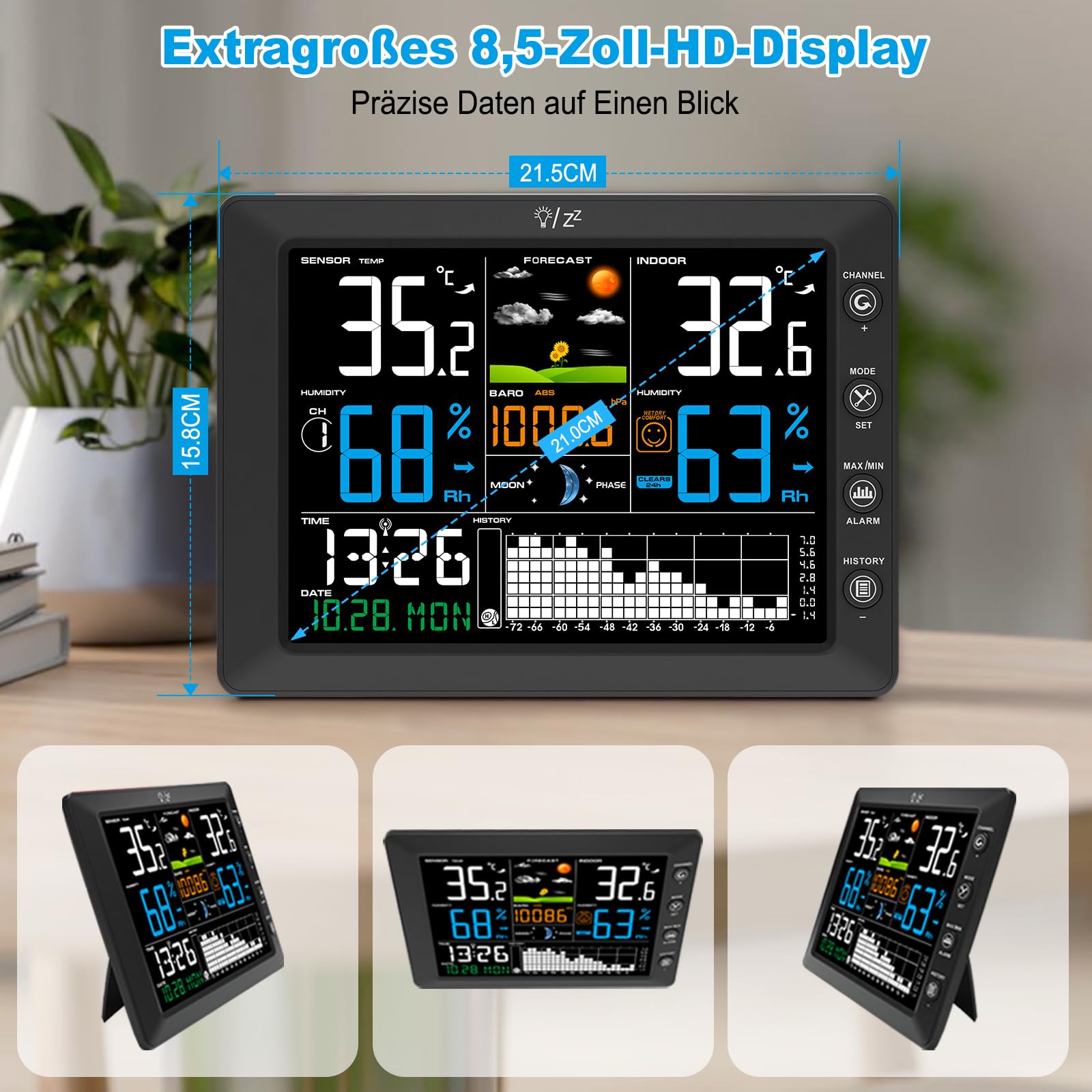 Urageuxy Wetterstation Funk mit Außensensor, 8,5" Farbdisplay, DCF-Funkuhr, Innen- & Außentemperatur, Luftfeuchtigkeit, Wettervorhersage, Luftdruck, 100 m Reichweite, erweiterbar auf 8 Sensoren