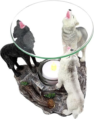 Miniatura 6 de Ebros Moonlight Colorido Blanco Negro Gris Tres Lobos aullantes Calentador de Aceite O Cera Tarta Quemador Aroma Difusor de Aroma Estatua de Resina