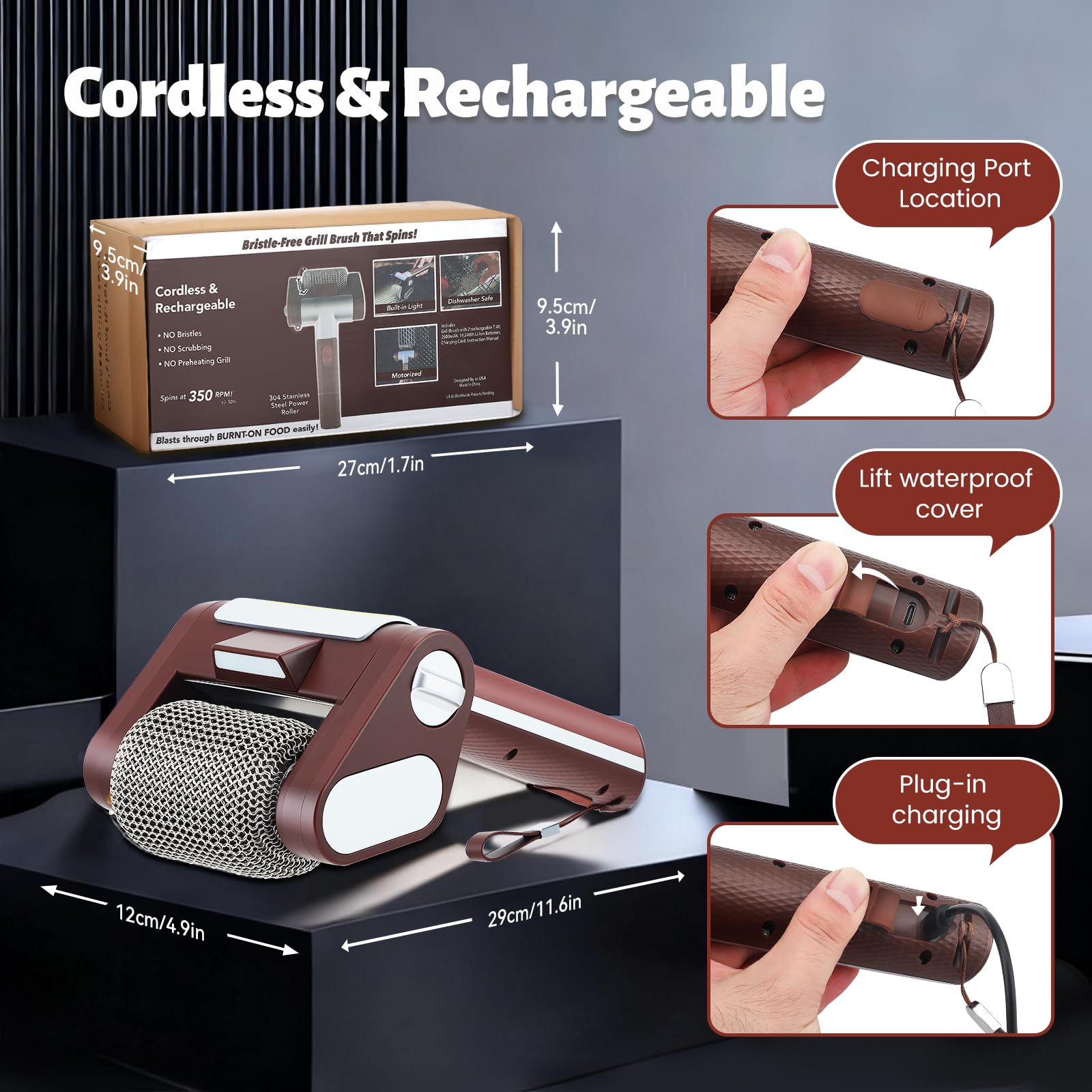 Brosse Électrique sans Fil pour Barbecue,avec Lumière LED,en Acier Inoxydable 304,sans Poils,Rechargeable Et sans Fil,pour Tous Les Types De Barbecues