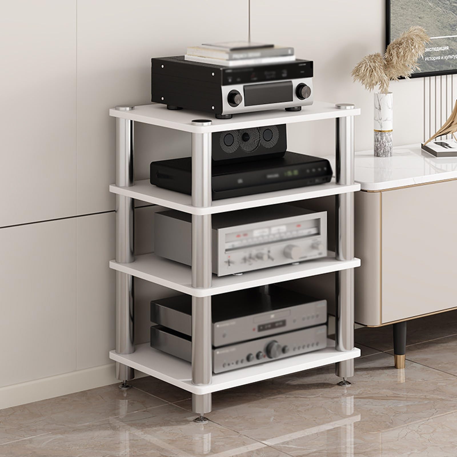 Meuble audio ouvert avec patins anti-vibrations blanc 4 niveaux haute stabilité