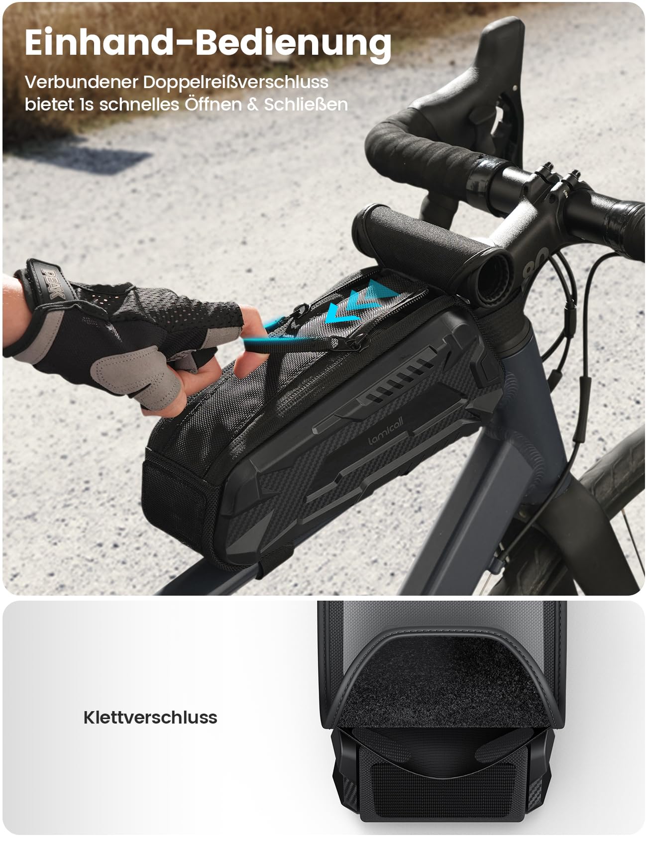 Lamicall Fahrradtasche Rahmen, Rahmentasche Fahrrad - [Einhändig Öffnen & Schließen] 1,6L Wasserdicht Handytasche Fahrrad, Handy Oberrohrtasche mit TPU Sensitivem Touchscreen für Smartphone 7 Zoll