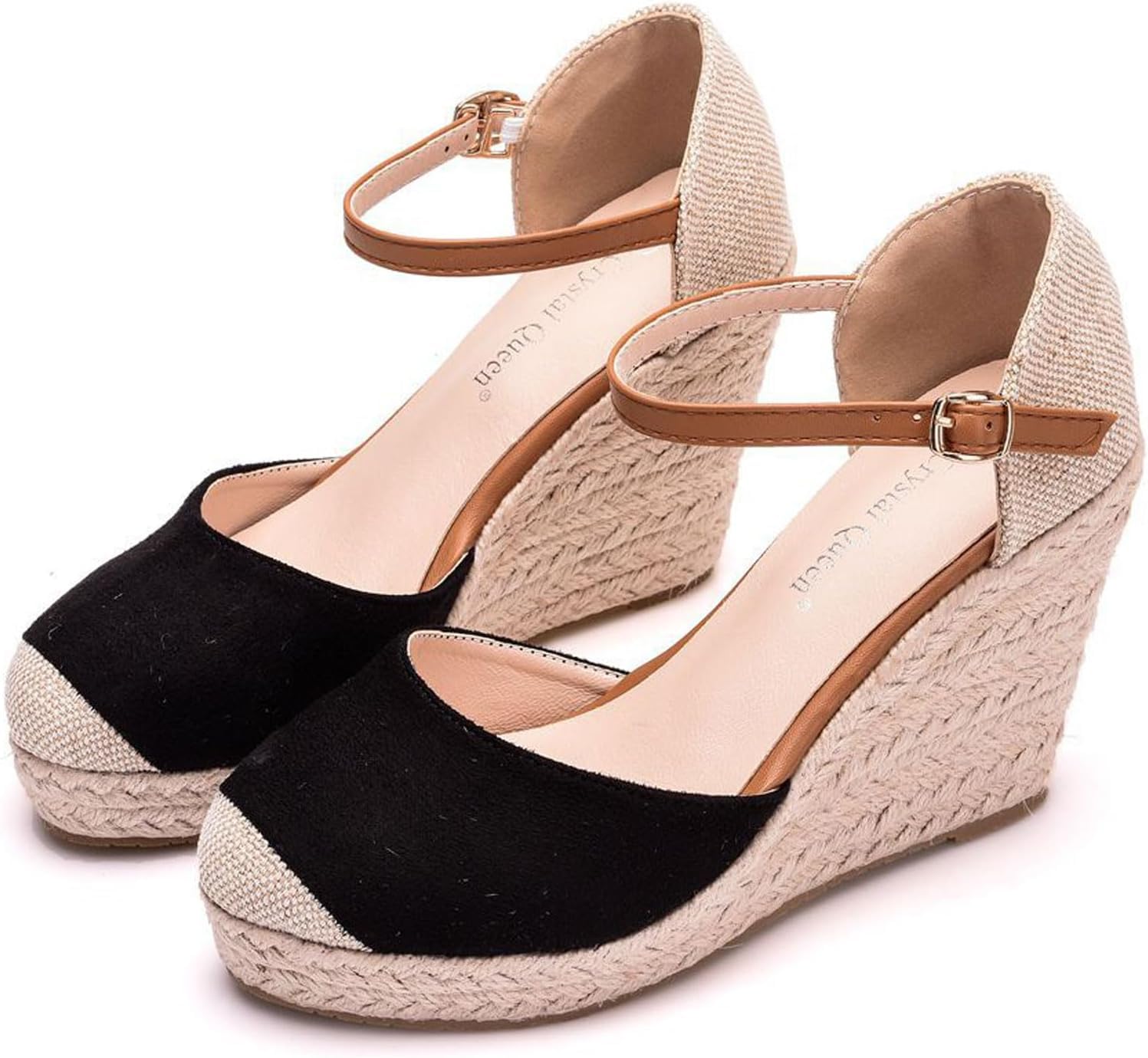 Espadrilles compensées noires en toile de jute naturelle et cuir pour femme