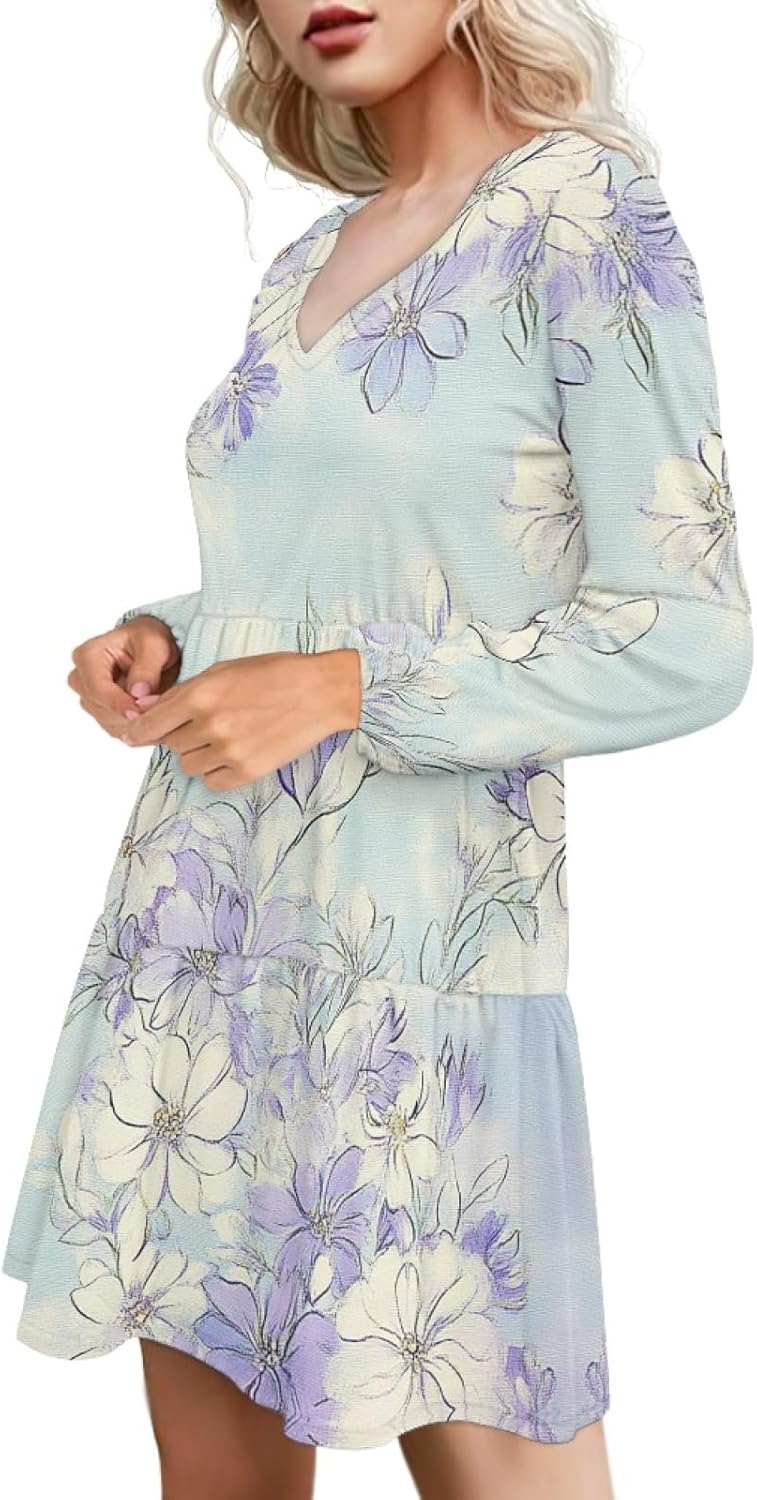 Floral Dress for Women Lantern Sleeve V Neck Plus Size Smocked Swing Flowy Ruffle Fashion Casual Holiday Midi Dress - Image 2