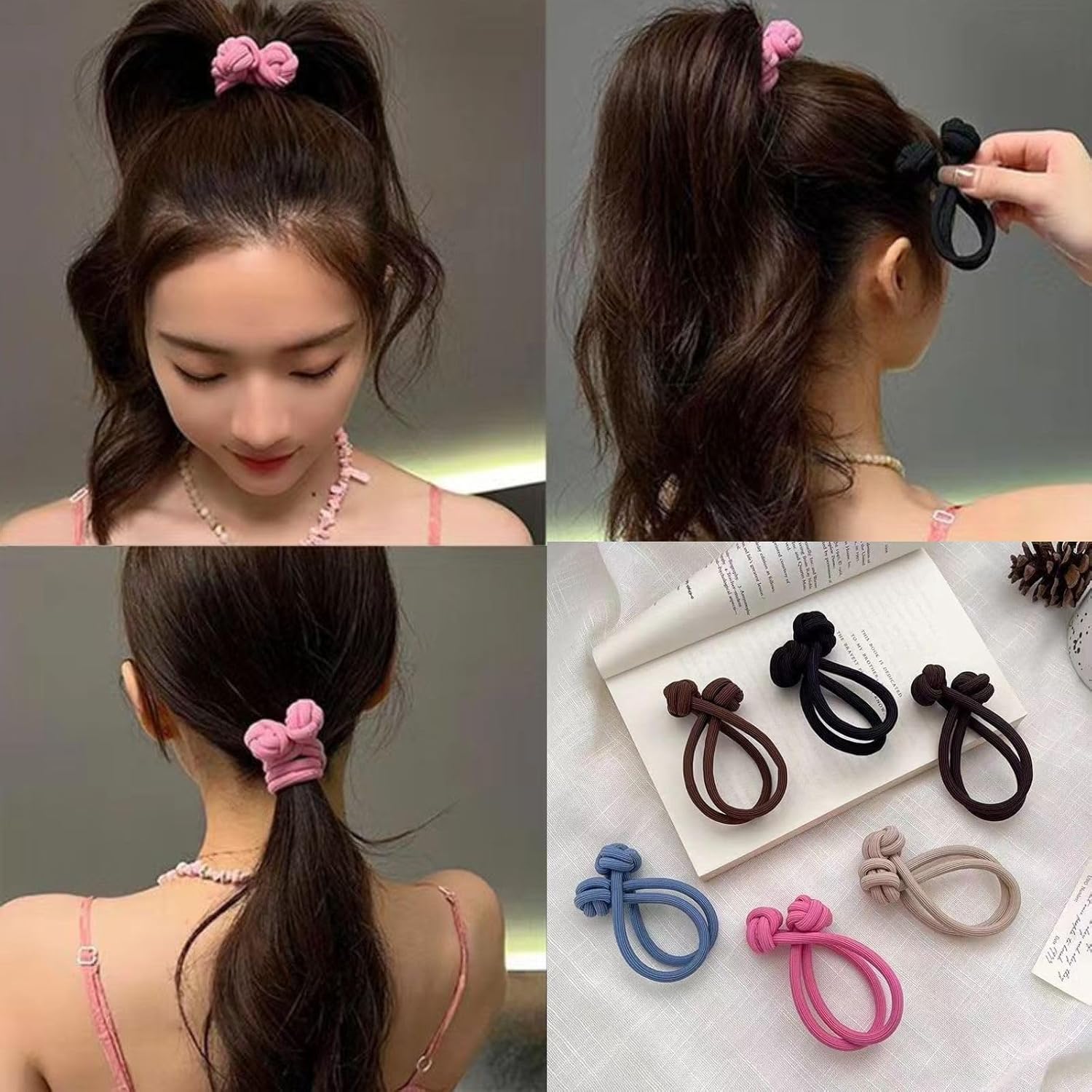 VEDO SHIPIN Chinese Knot Hair Ties for Women, 4 Count - Cute High Elastic Thick Hair Ties No Damage Ponytail Holders, Hair Accessories for Thick and Thin Hair (Polyester)