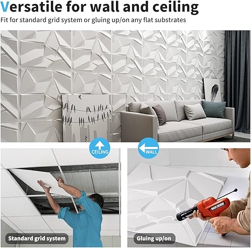 Vista 24 de Art3d 3D Revestimiento con textura 3D para pared, color gris diamante, 19.7 x 19.7 pulgadas (12 unidades)