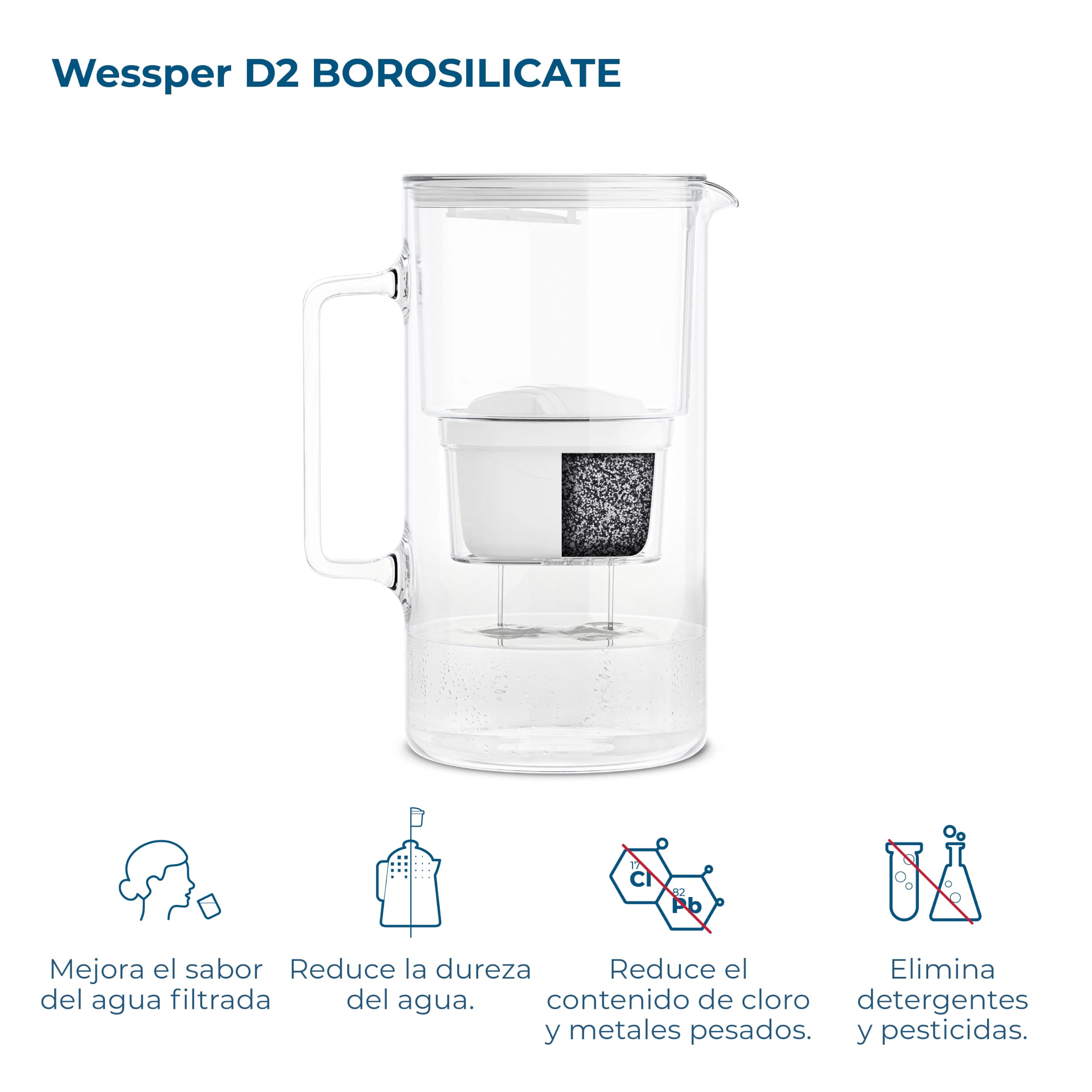 Wessper jarra con filtro de agua cristal de 3 l, juego compuesto por una jarra y 2 filtros Aquamax, reduce el cloro y los metales pesados, sin BPA - Blanco