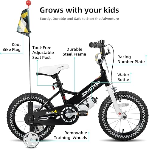 Miniatura 2 de JOYSTAR Little Rock Kids Bike for Boys Ages 2-7 Years, 12 14 16 Inch Boys Bicycle with Bike Flag, Training Wheels, Number Plate and Water Bottle,