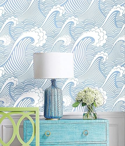 Miniatura 8 de Blooming Wall CPS030 - Papel pintado a mano sin costuras de olas blancas azules y blancas, papel tapiz autoadhesivo prepegado (17.7 x 118 pulgadas)