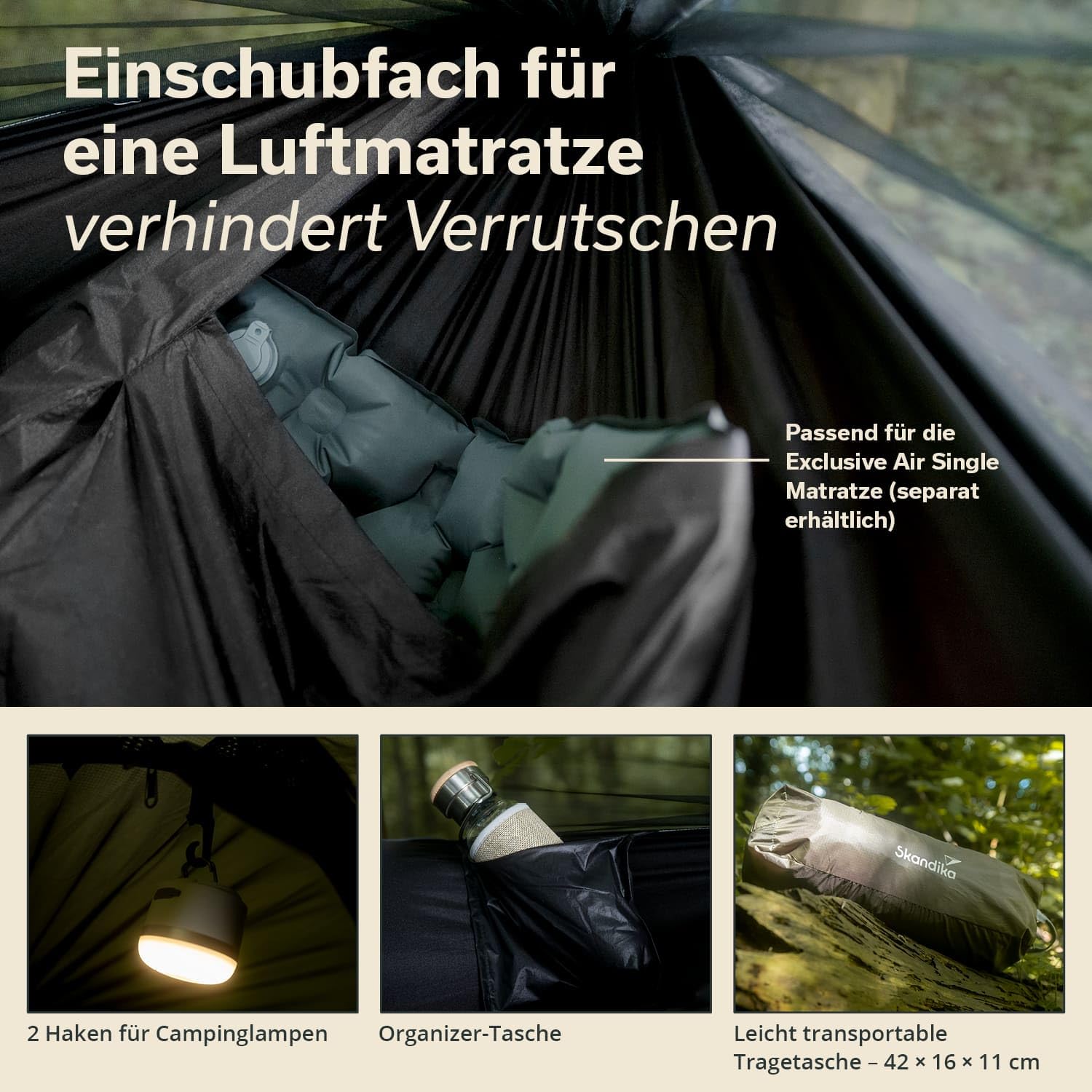 Skandika Hängemattenzelt Rian | Hängematte Outdoor mit Moskitonetz, 200 kg Tragkraft, Ultraleicht, Nylon, 1 Person Zelt, Atmungsaktiv, Baum-Aufhänge-Set | Reisehängematte Wandern, Trekking, Camping
