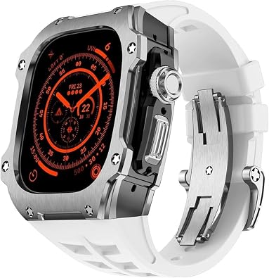 Rugged Stainless Steel Watch Case Fluorine Rubber Watch Band Mod Kit,For Apple Watch Ultra 2 49mm Mens Sport Band Replacement Accessories