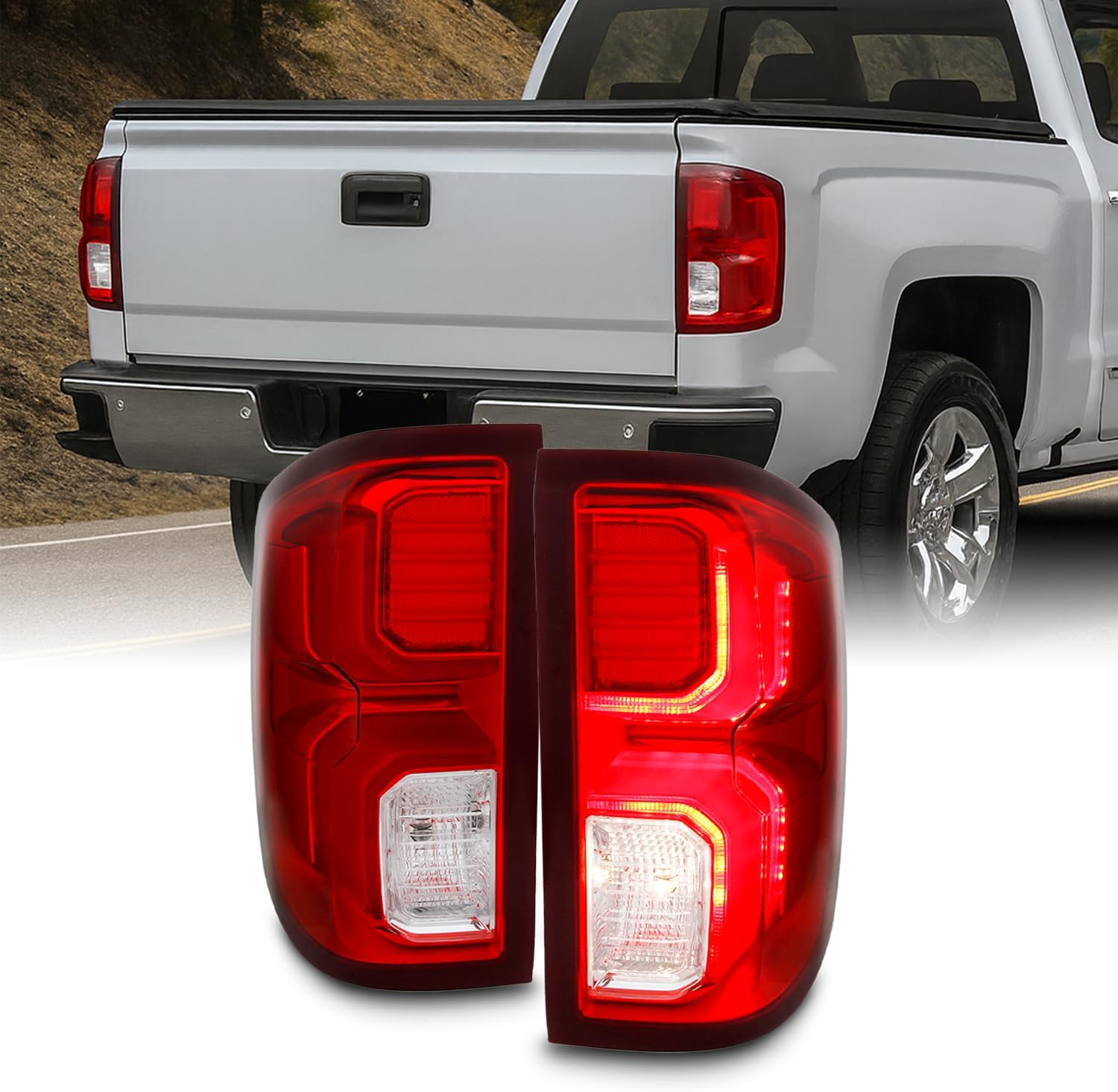 AKKON - Fit 2016 2017 2018 Chevy Silverado 1500 LTZ Pickup Truck LED Tail Light Red Clear Driver + Passenger Replacement