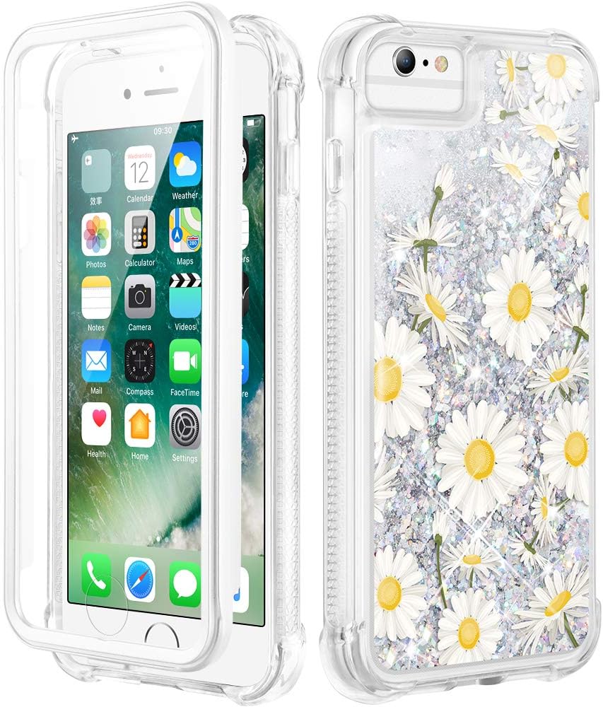 Caka iPhone SE 2020 Case with Screen Protector, iPhone 6 6s 7 8 Case Glitter Liquid Full Body Case for Girls Girly Women Daisy Floral Bling Sparkle Protective Case for iPhone SE 2020 6 6s 7 8 4.7"