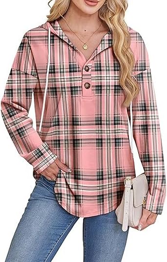 Womens V-Neck Hooded Sweatshirt Fashion Plaid Drawstring Button Pullover Casual Long Sleeve Shirts Loose Fit Tops