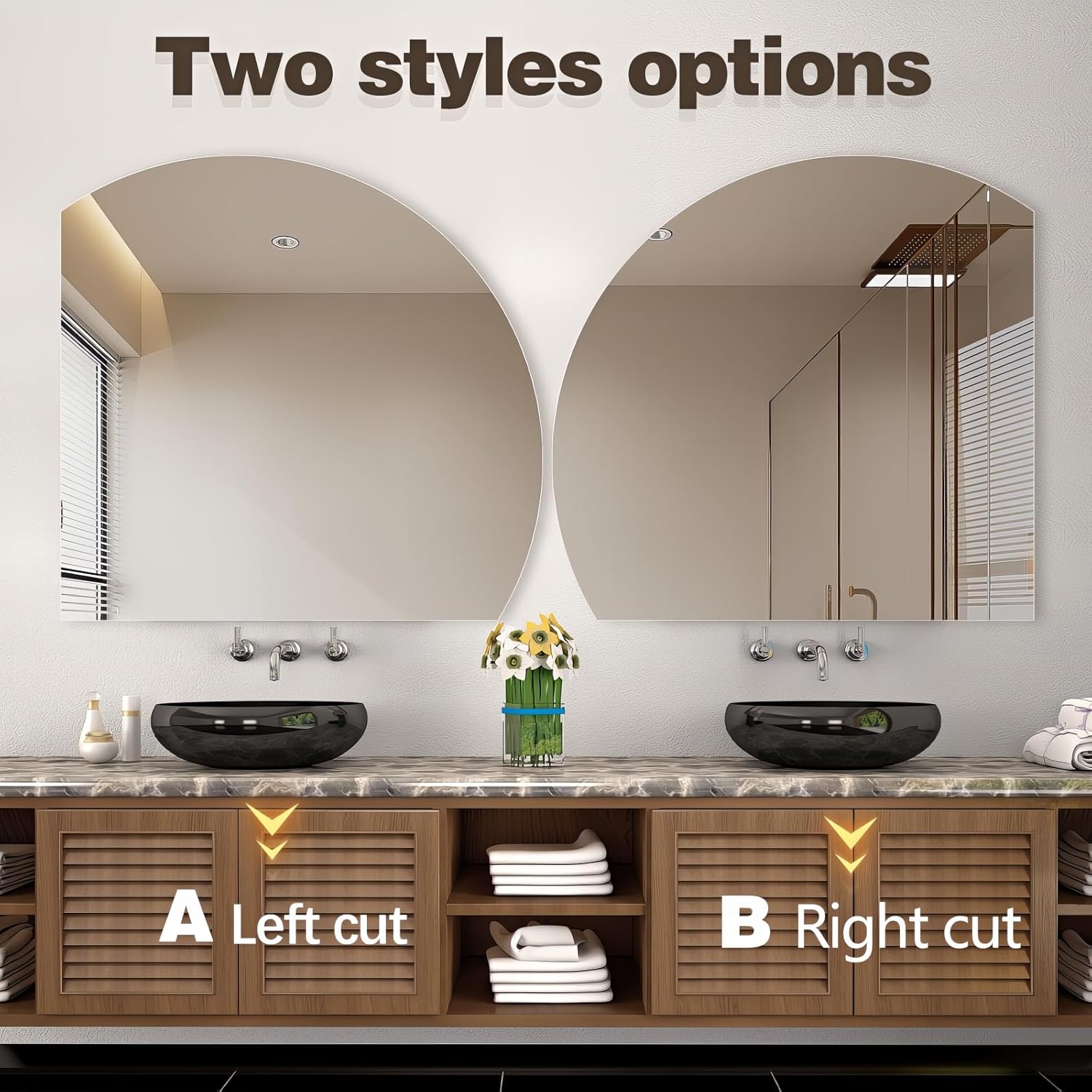 43" Half Moon Wall Mirror for Bathroom, Frameless Bathroom Mirror, Modern Vanity Mirror for Bedroom Living Room Entryway, Decorative, Shatterproof, Left/Right Cut