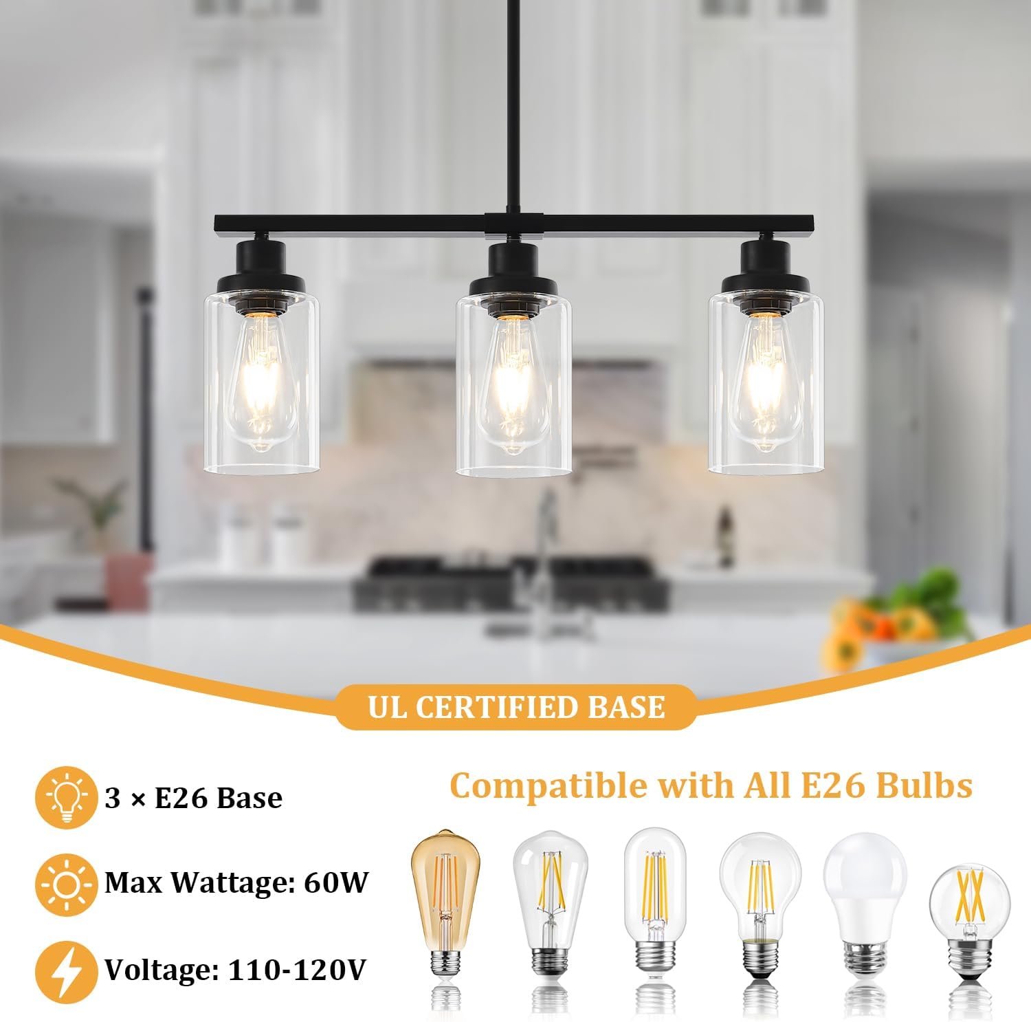 Modern Island Lights for Kitchen Black Dining Room Light Fixtures Over Table 3-Light Farmhouse Linear Chandelier Clear Glass Kitchen Lights Ceiling Adjustable Hanging Pendant Lighting Over Island