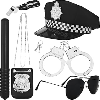 Police Costume Accessories Cop Hat Handcuffs Badge Whistle Baton Sunglasses for Officer Theater Dress Up Theme Party Halloween Christmas Gifts