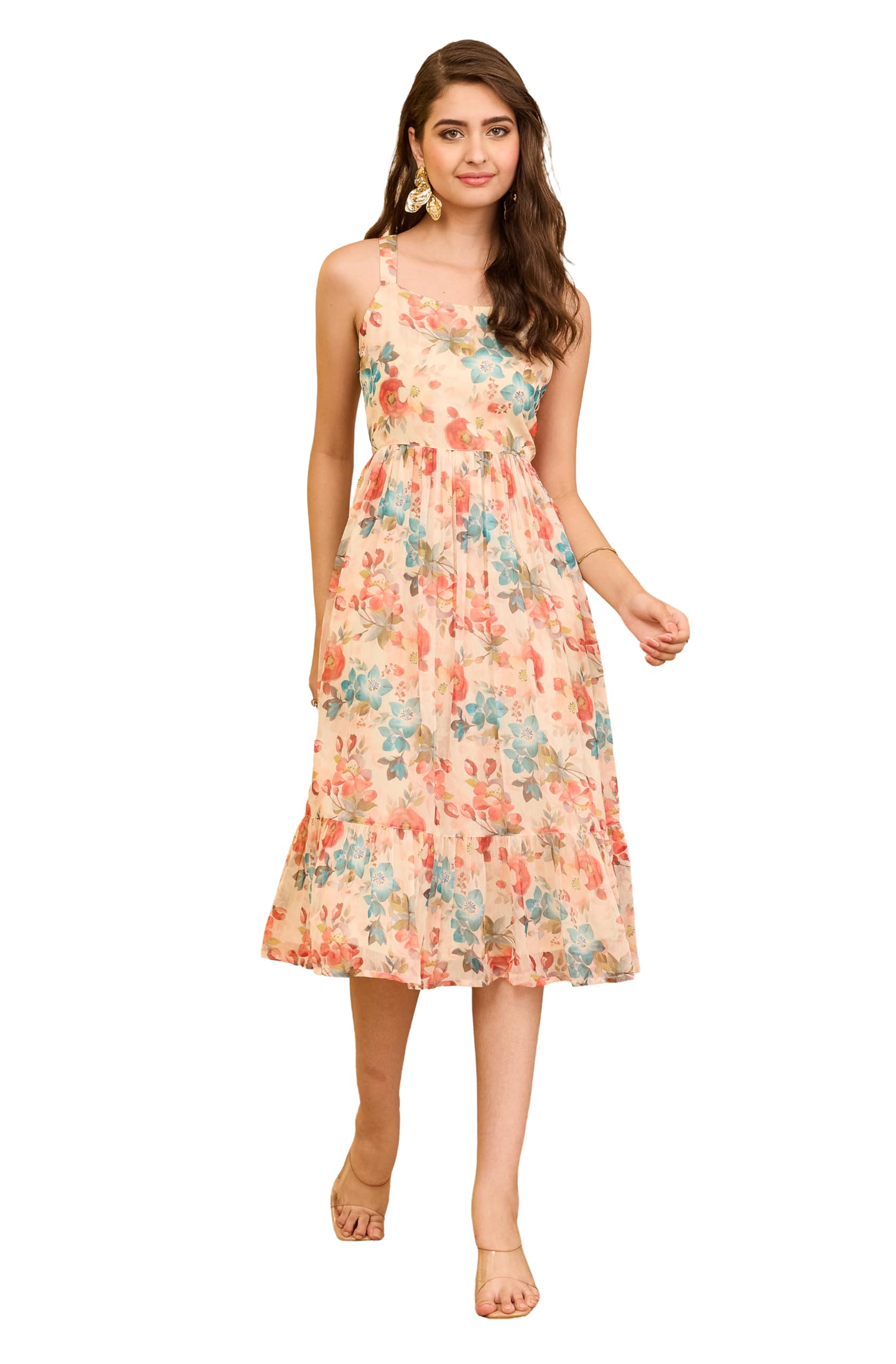 janasya Women's Blue Georgette Floral Printed Gathered A-line Dress-picture-54
