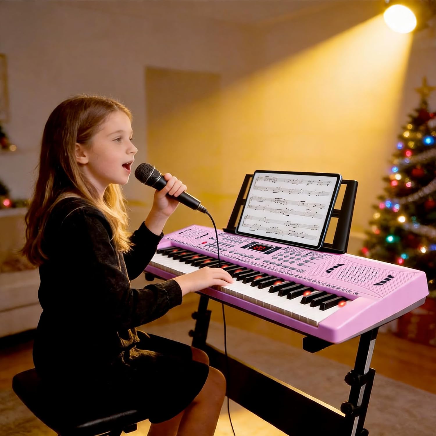 Keyboard Piano 61 Lighted Keys, Electric Keyboard Kit with 100 Voices, 100 Rhythms - Built-In Speaker, Microphone, Sheet Stand and Power Supply, Gift for Children Beginners [Pink, Piano with Stand] Pink Piano with Stand