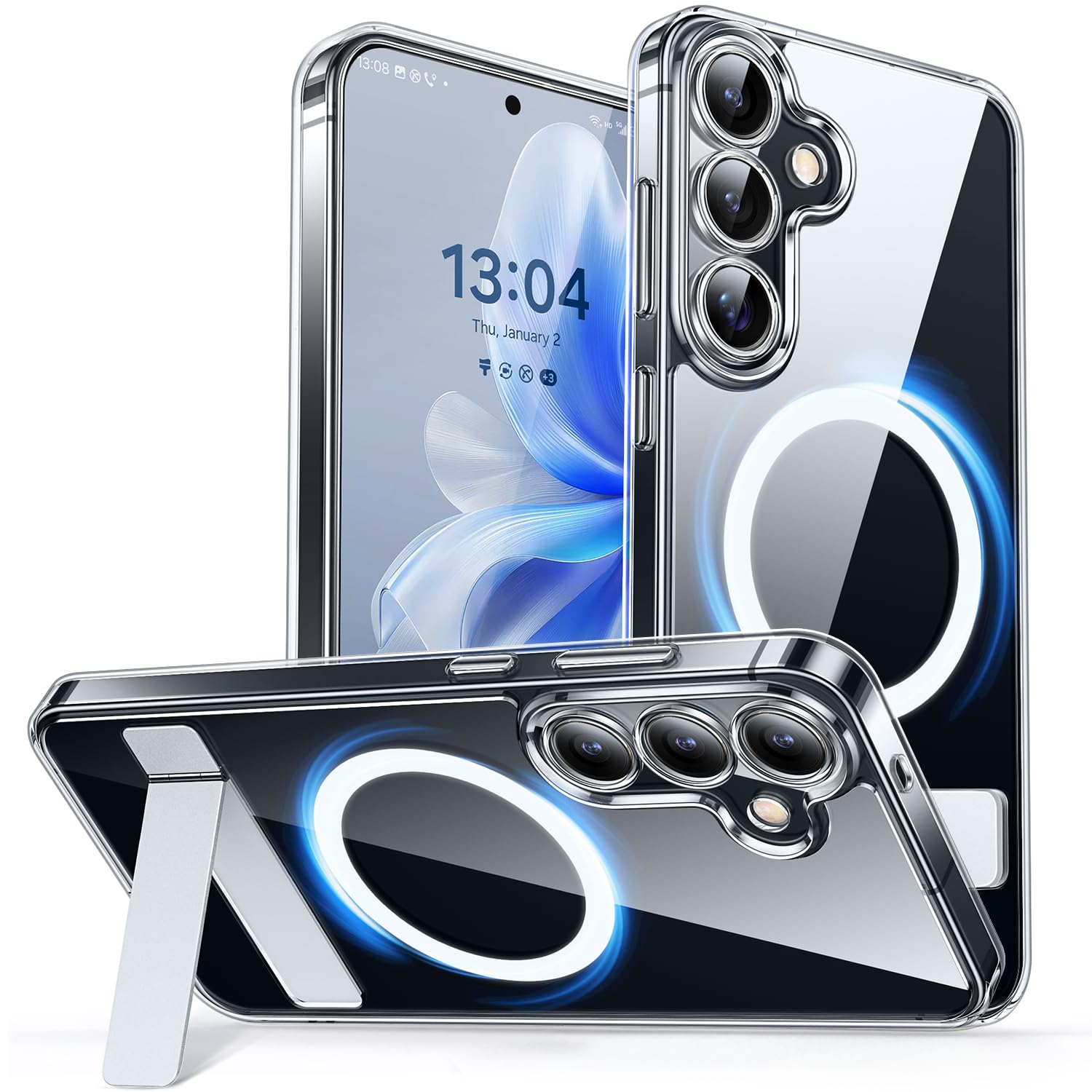 CANSHN Strong Magnetic &amp; Seamless Stand Designed for Samsung Galaxy S24 Case [Full Camera Protection] [Adjustable Kickstand] [Compatible with Magsafe], Crystal Clear