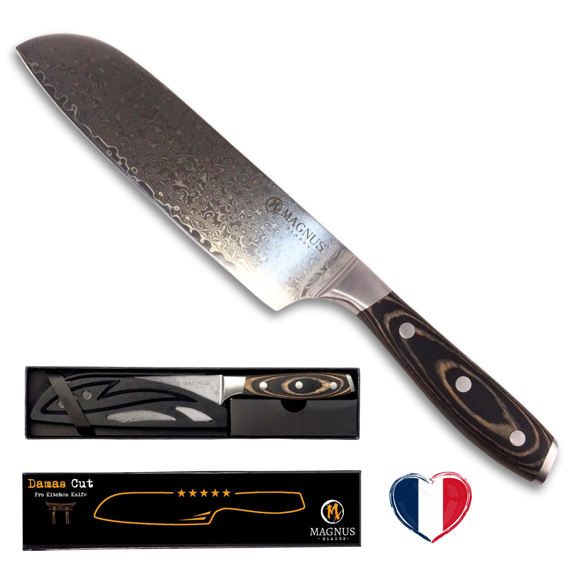 DAMAS CUT - Couteau de Chef Santoku - Véritable Lame Damas 18 cm Ultra Tranchante - Manche bois recyclé - Soie Pleine - Très Confortable - Polyvalent - Avec Etui De Protection - Enfin Un Cadeau Utile