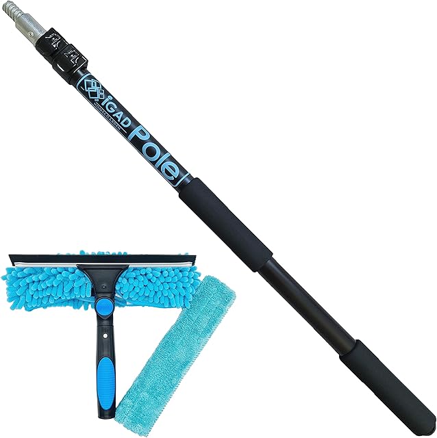 IGADPole Professional Telescopic Window Cleaning Kit 6.6 Foot (2m) Extension Pole and Single Pivot 10"(25cm) Window Squeegee, Window cleaning washer tools