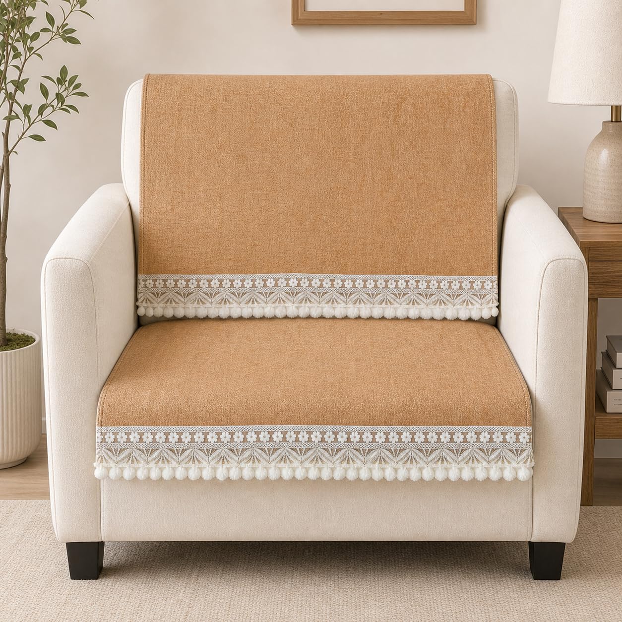 Clasiko Velvet Sofa Mat 1 Seater Back & Seat | Velvet Grace – Sand Beige | Anti Skid & Machine Washable Sofa Cover Protector-image-44