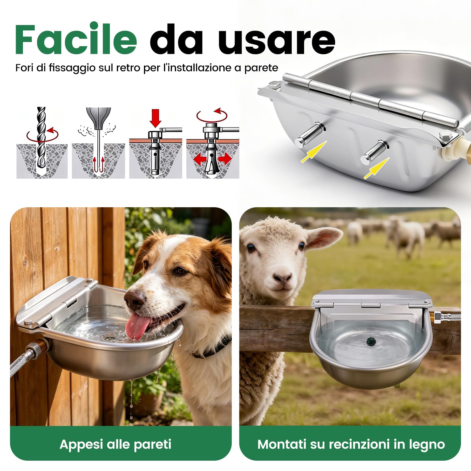 Abbeveratoio Automatico in Acciaio Inossidabile, 4L Abbeveratoio per Cavalli con Valvola Galleggiante in Ottone e Foro di Scarico, Adatto per Cavalli, Bovini, Capre, Pecore e Cani