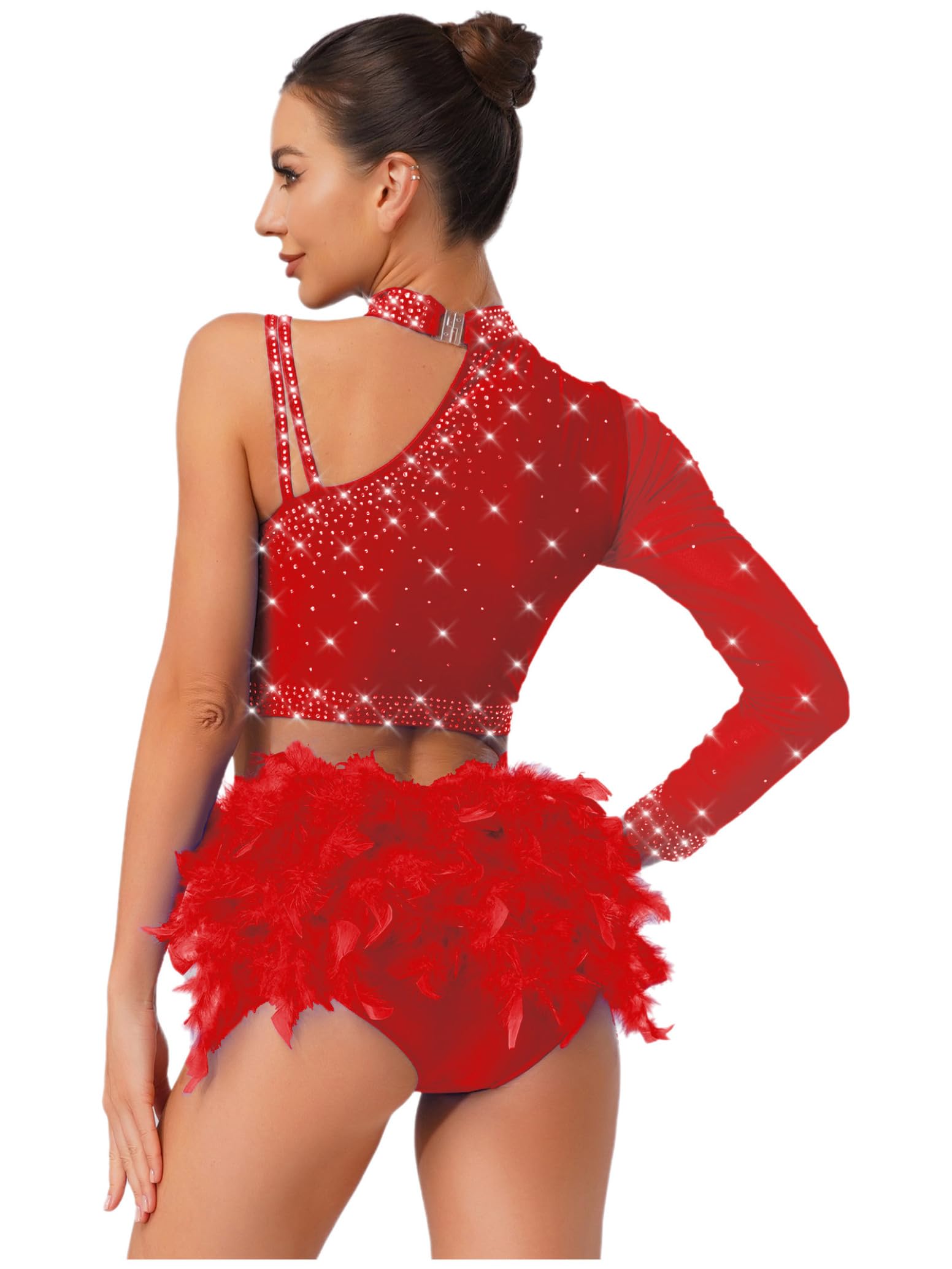 inlzdz Femmes Tenue de Danse Scintillante Samba Rumba Costume de Danse Latine Crop Top Ventre Libre Short de Danse Slip avec Plumes Vêtements de Danse