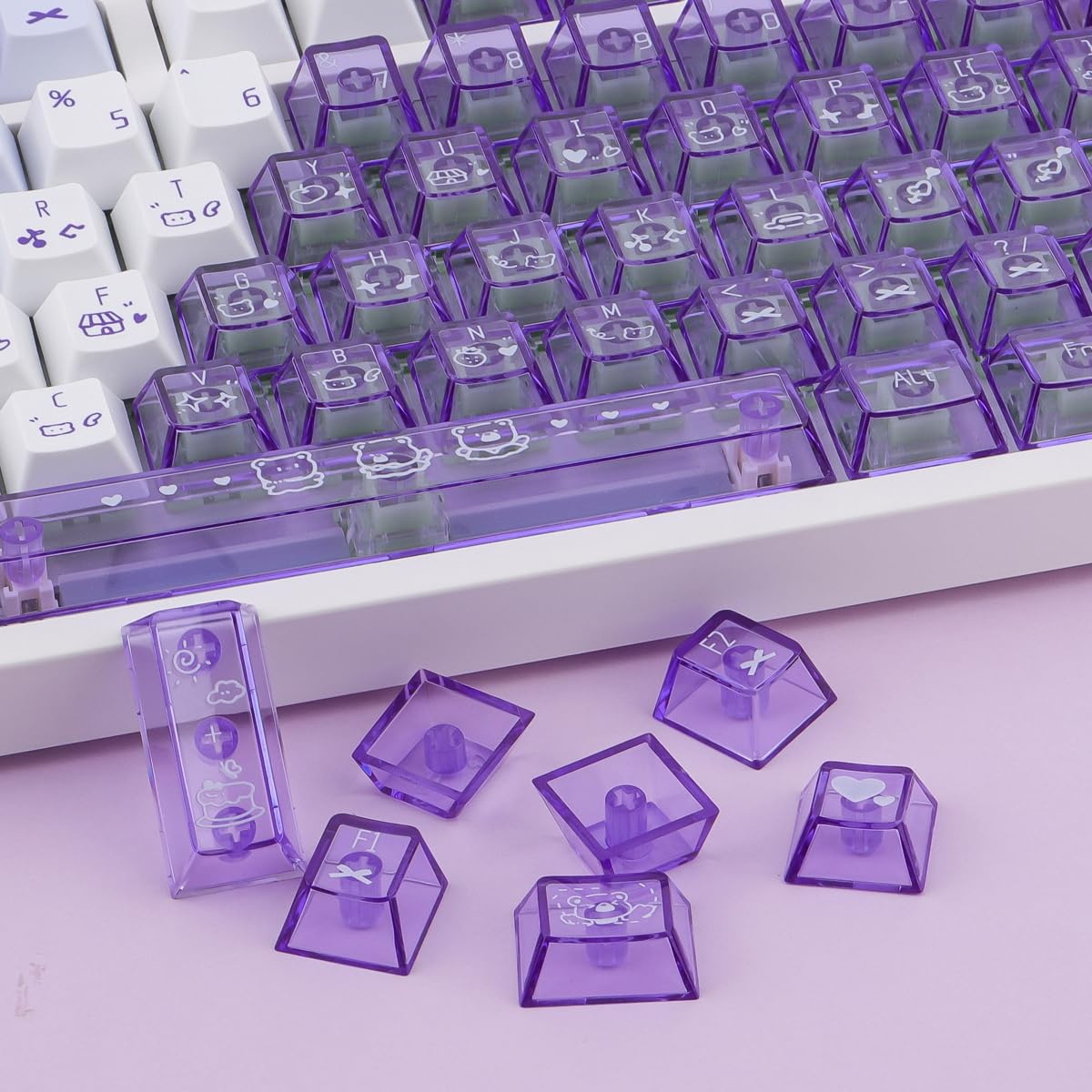 PBT Keycaps + Clear PC Through Keycaps, 150 klawiszy Purple Jelly Cute Pudding Keycap, Double Shot Shine Through Cherry Profile Keycap for Cherry MX Switch ANSI & ISO Layout Mechanical Keyboards