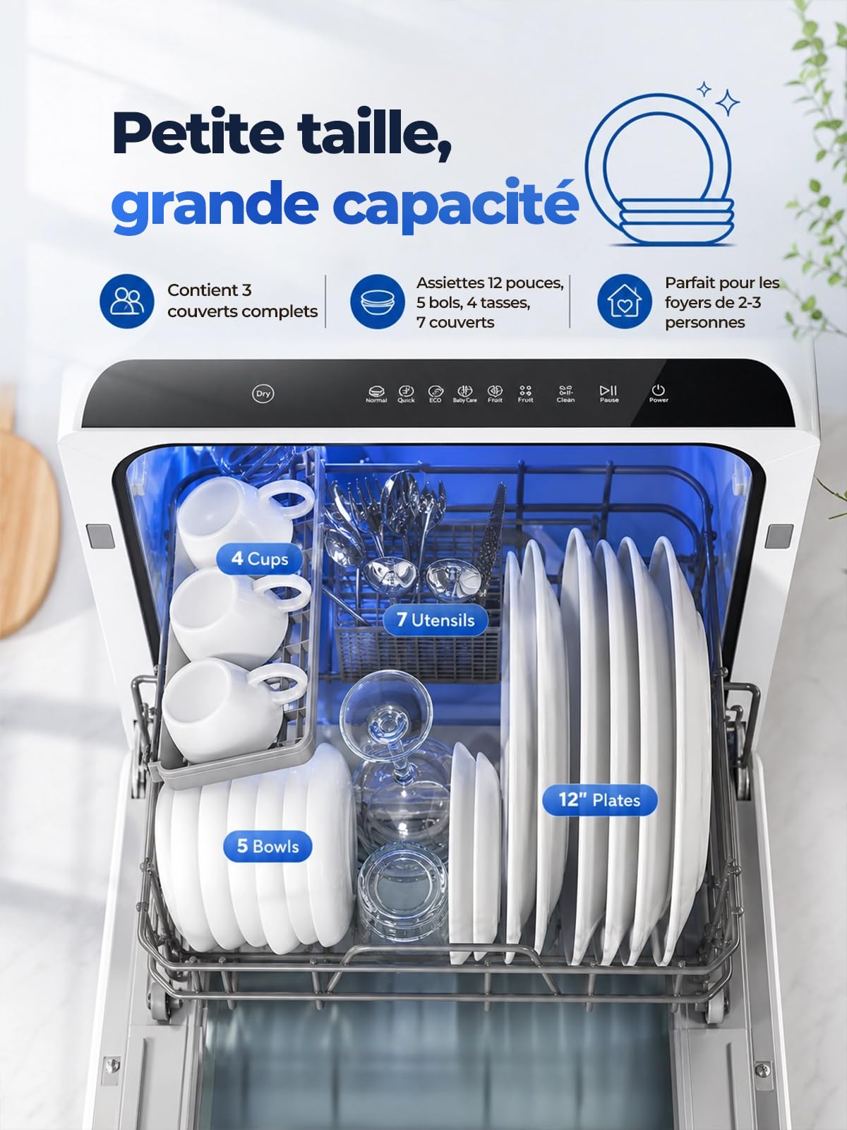 FOHERE Mini lave vaisselle avec réservoir 5L, fonction minuterie, raccordement d’eau 2 en 1, 6 programmes, affichage LED， Lave vaisselle de table et mini nettoyeur pour bureau, studio et camping-car