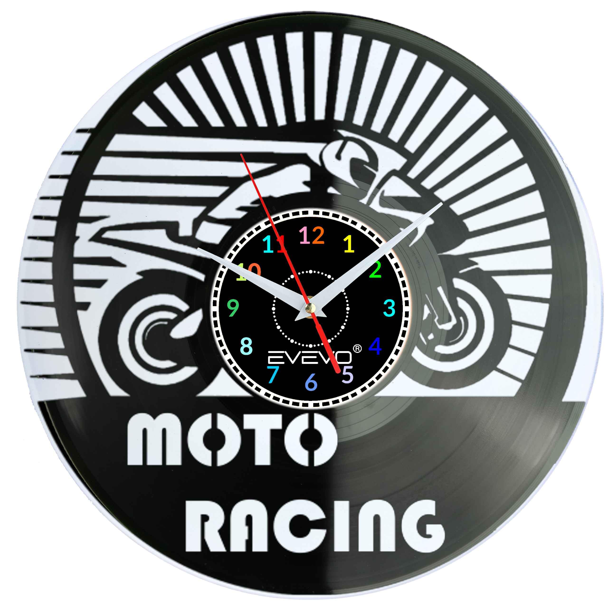 MOTOR MOTOCYKL MOTO RACEING ZEGAR ŚCIENNY FLUORESCENCYJNE TŁO PŁYTA WINYLOWA PREZENT UPOMINEK URODZINY GIFT SOUVENIR EVEVO F0055