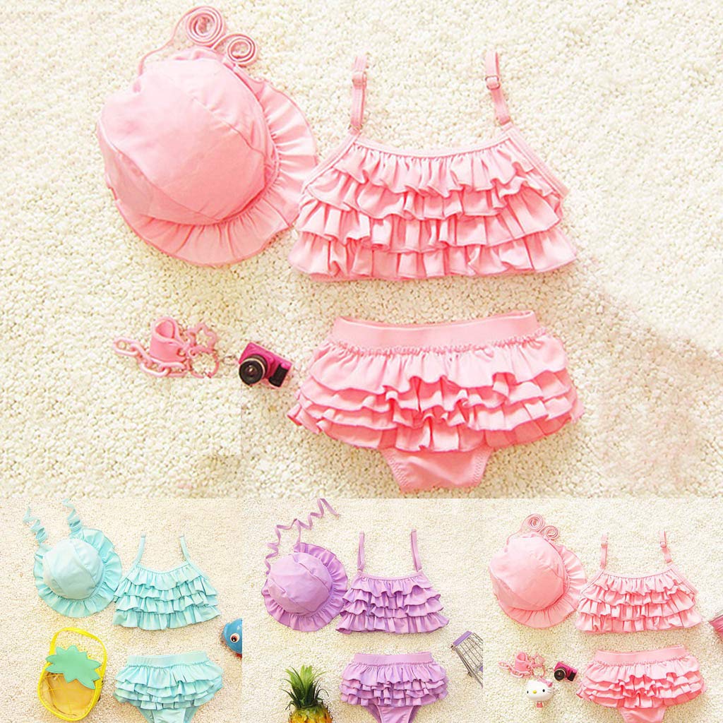 Toddler Baby Girl Swimsuit Bikini Bathing Suit Halter Triangle Tops Ruffle Shorts with Hat Swimwear Summer Beach Outfit Purple