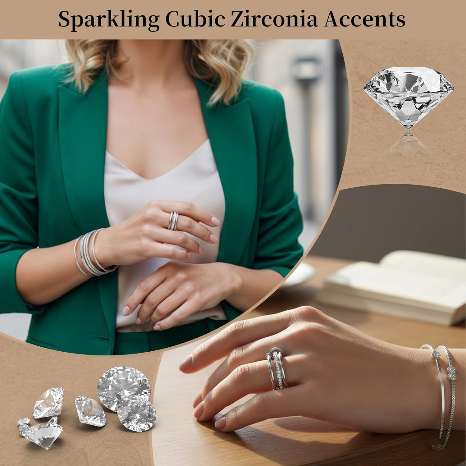 Stackable Rings For Women Interlocked Ring Stack Interlocking mixed Metal Silver And Gold Set Size 5-11 18k Gold Plated Cubic Zirconia Rings - Image 3