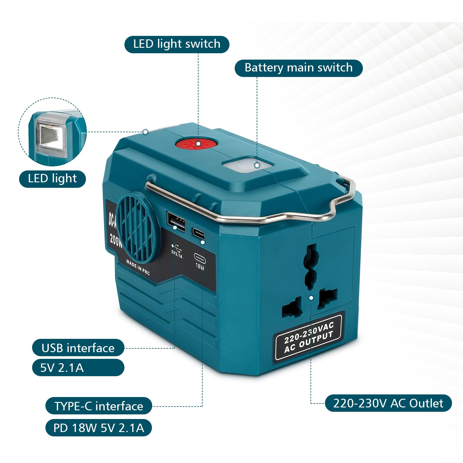 350 W Sine Wave omvormer voor Makita 18 V batterij, 2 poorten 18 V naar 230 V volt spanningsomvormer met 3 USB-A-poorten, 1 USB-C poort, 300 lm ledlicht voor camping, reizen, jacht