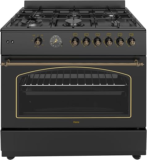 Ferre F9S60GF-BL-RETRO 90cm Gas Range Cooker With Double Turbo Fan & 6 Burner(1 Wok) Gas Hob - Black