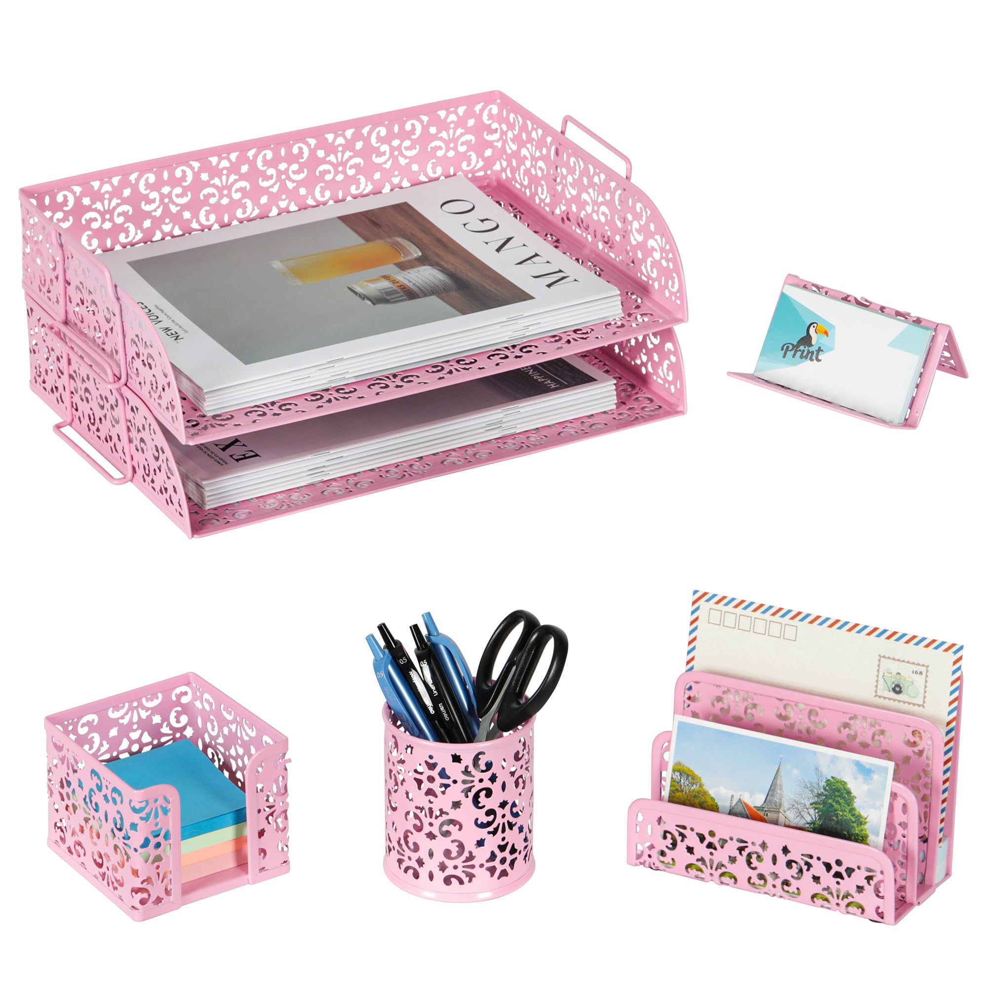 EasyPAG - Organizer da scrivania 5 in 1, 2 ripiani, impilabile, portapenne, porta biglietti da visita e porta banconote Oro rosato