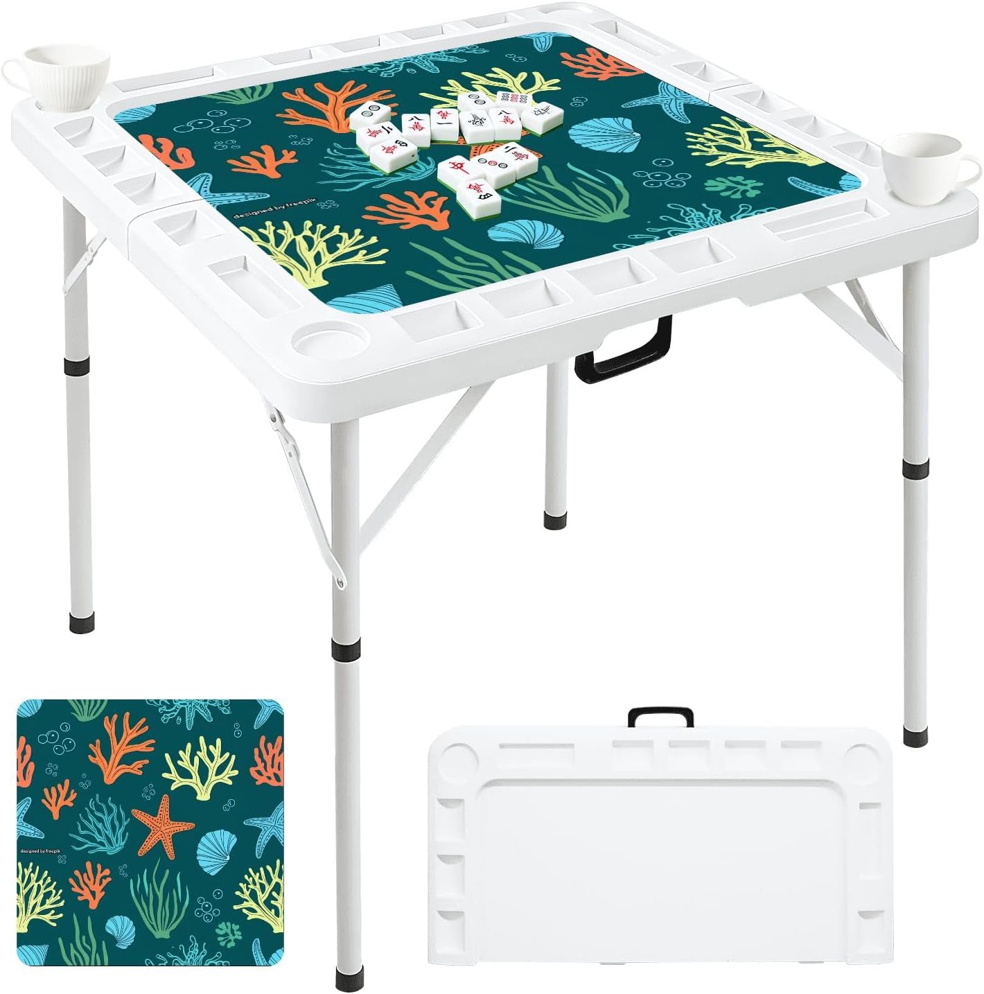 Folding Mahjong Table with Coral Starfish Seaweed Shells Colorful Marine Shapes Teal Wear-Resistant Mahjong Mat, 4 Cup Holders & Chip Trays for 4 Players Square Portable Card Table for Poker Domino
