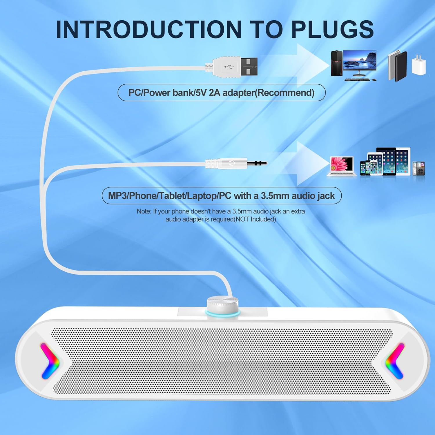 Diagram illustrating USB power connection to PC/power bank/adapter and 3.5mm audio connection to MP3/phone/tablet/laptop/PC