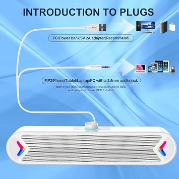 LENRUE Computer Speakers,PC Speakers for Desktop,Wired USB-Powered Sound-bar for Computer with 10W Stereo Sound and Colorful Light,Plug-n-Play (White-AUX)