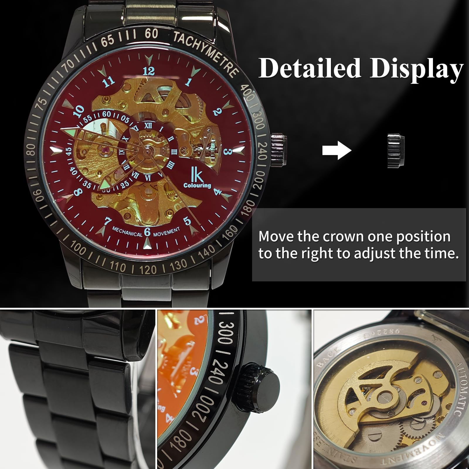 Orologio da polso meccanico automatico scheletro, quadrante argentato dorato tachimetro nero in acciaio inox casual Steampunk Watch Nero e rosso