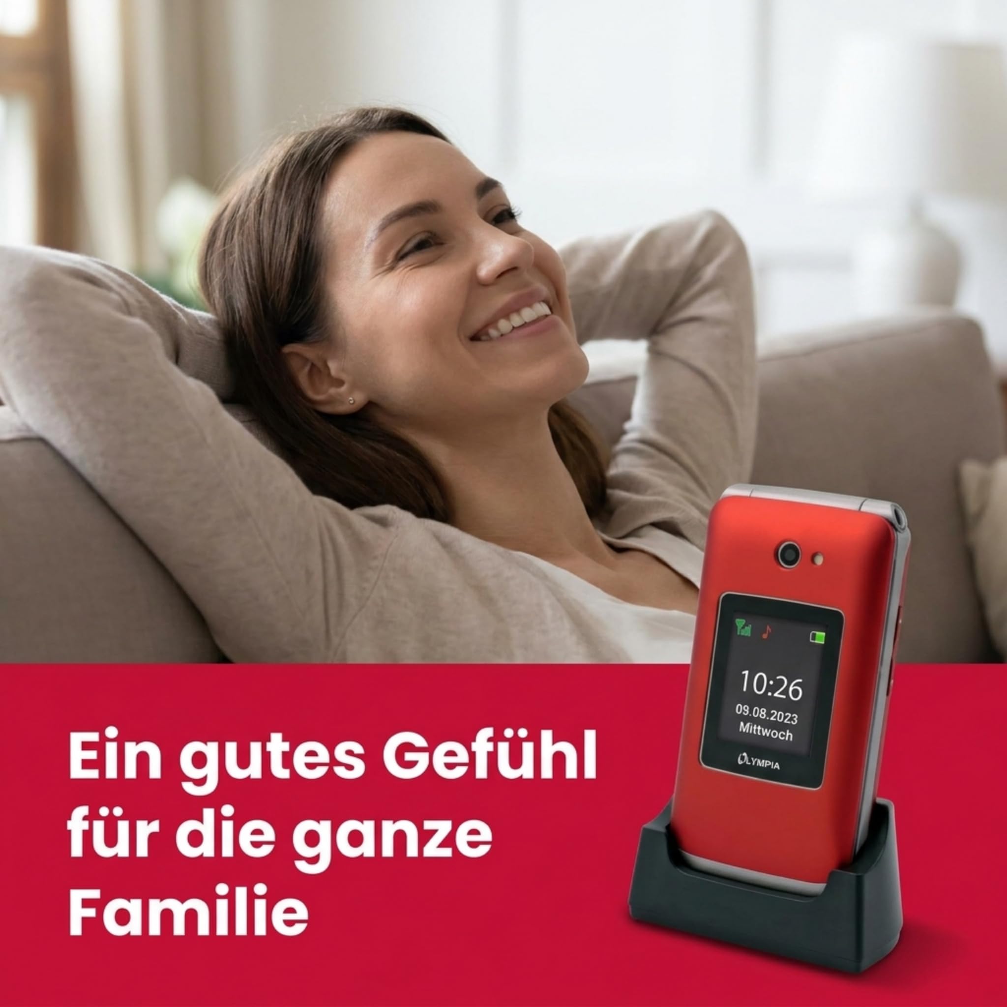 Olympia Vitus 4G Seniorenhandy | Klappbar mit Großtasten | Hörgerätekompatibel | Handy für Senioren | Notruftaste & SOS-Funktion | Farbdisplay | Kamera | Taschenlampe | Langlebiger Akku | Rot