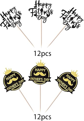 Miniatura 10 de Paquete de 24 adornos para cupcakes con purpurina para el Día del Padre, con purpurina para el mejor papá del mundo, sombrero de bigote #1 para