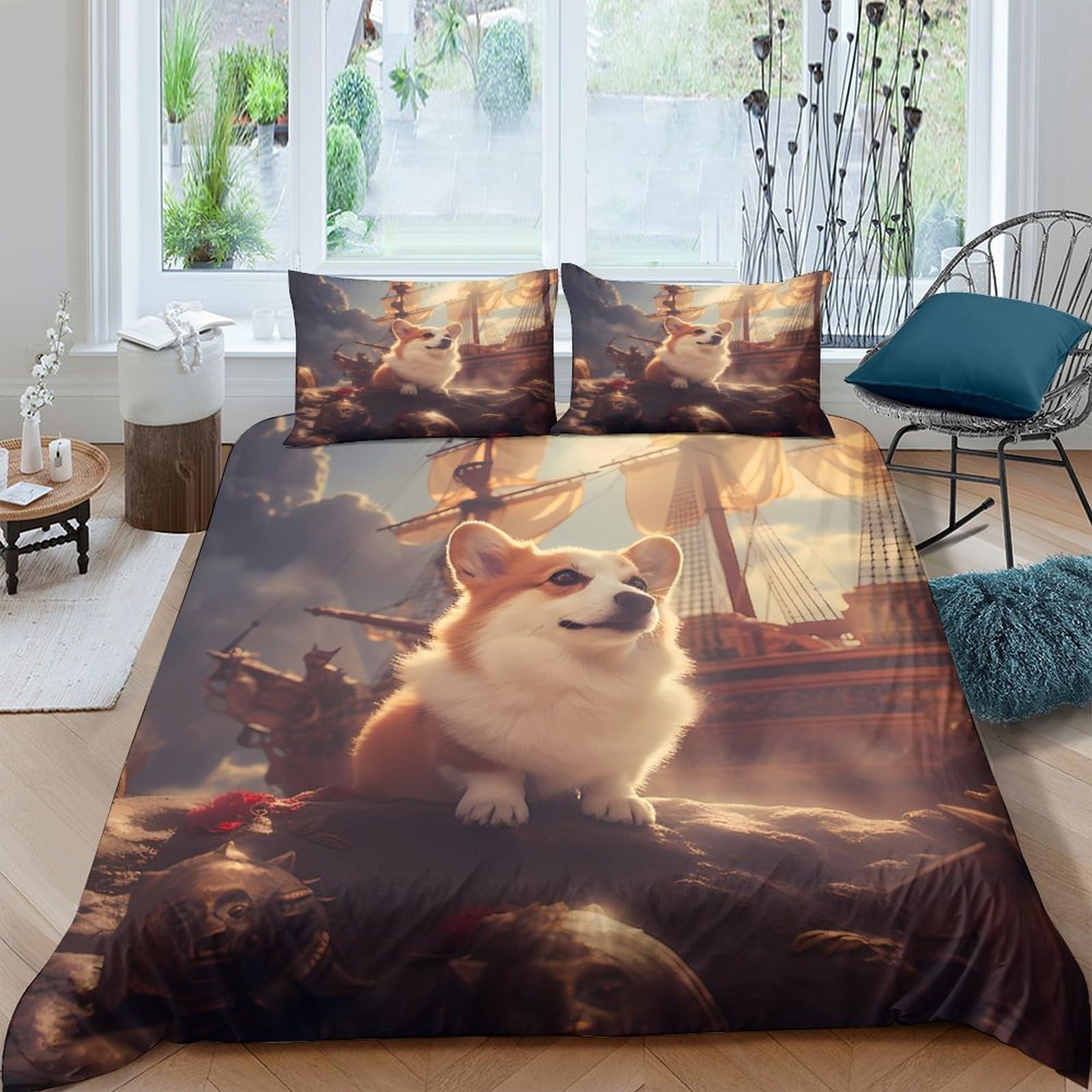 Ctjqhvkz Style-4 3D Printed Corgi Landscape Fitted Sheet Microfiber Soft Non-Slip Bed Cover Machine Washable Bedroom Decor Single（135X200cm）