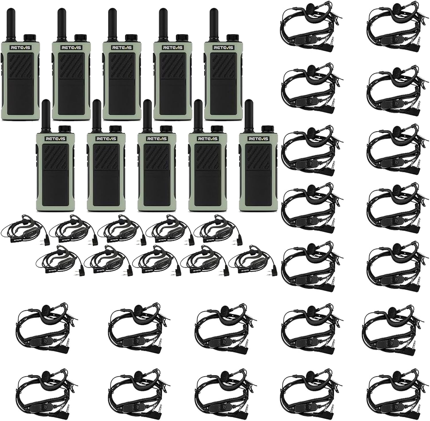 Retevis RB66P Walkie Talkies(10 Pack) with Volume Adjustable Walkie Talkie Earpiece(20 Pack), 1500mAh Battery,USB-C Charging,Fluorescent Design for Warehouse Logistics Event Planning