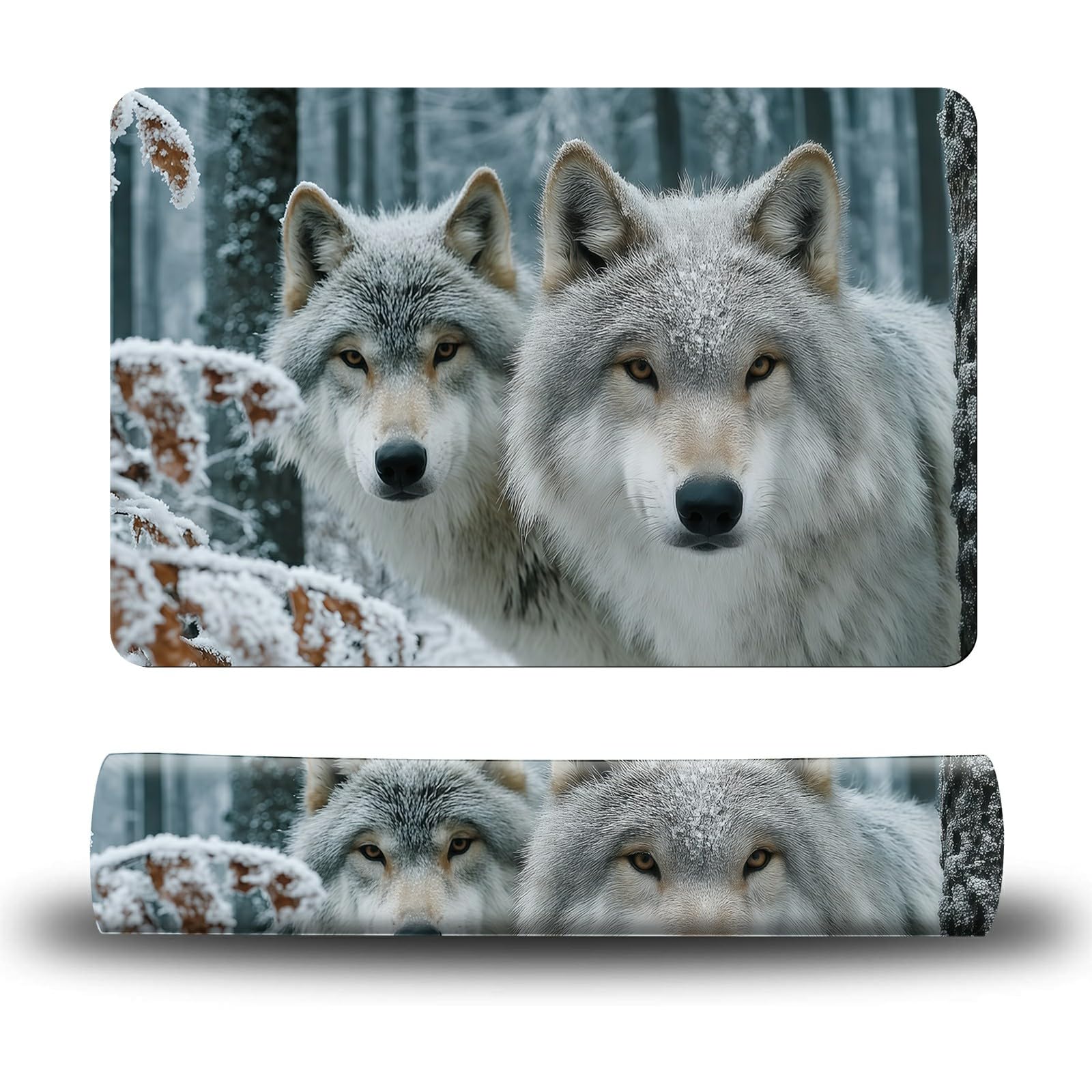 Dikoer Dog Food Mat, 15.7" x 23.6" Absorbent Pet Feeding Mat for Food and Water, Waterproof Diatom Mud Pet Placemat with Non-Slip Rubber Backing, Easy Clean Cat Bowl Mat for Floors - Snow Forest Wolf